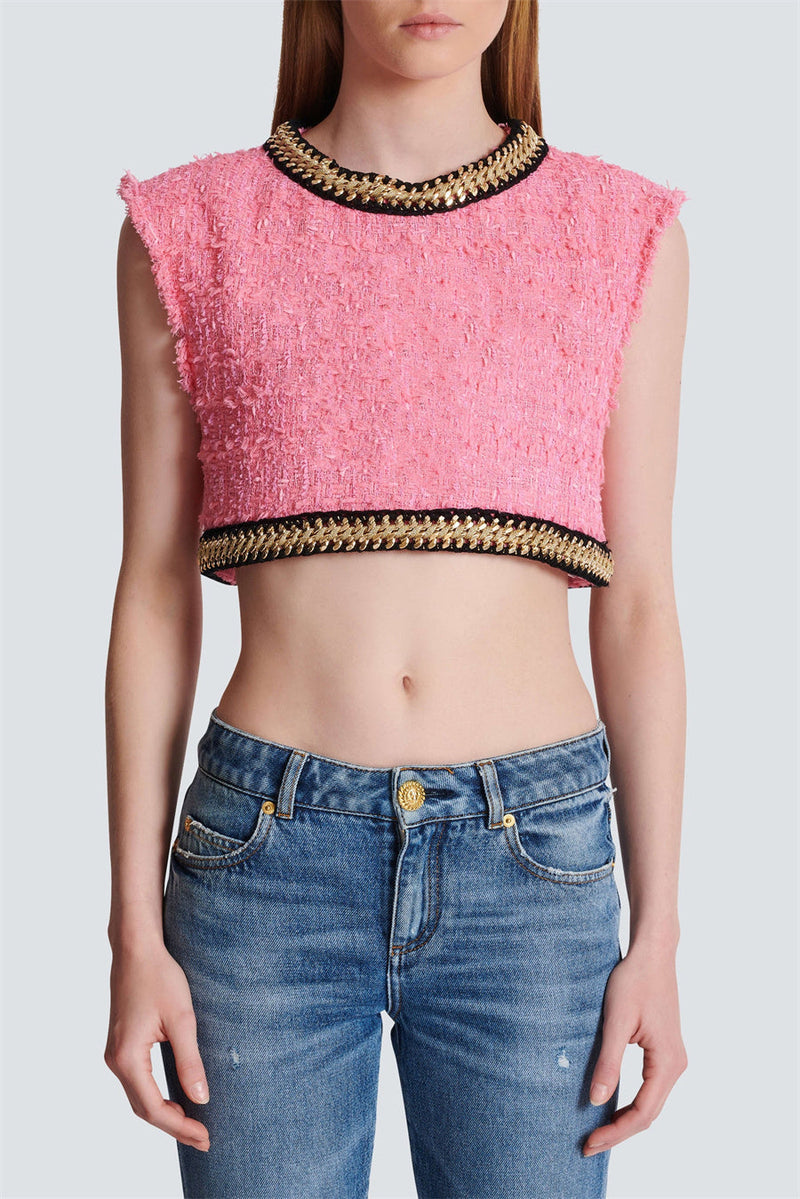 Luxury Pink Tweed Crop Top with Modern Flair – Isabella