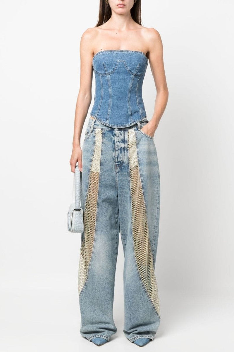 Unique Crystal Mesh Denim Pants with Eye-Catching Shine – Isabella