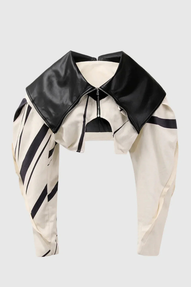 Trendy Crop Jacket with Striped Leather Detailing – Sophia