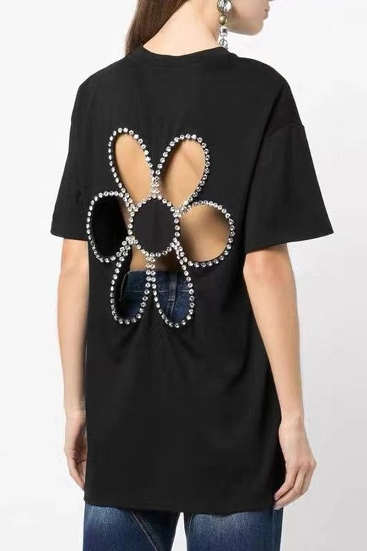 Black Tee with Floral Design and Subtle Sparkle Accents – Sophia