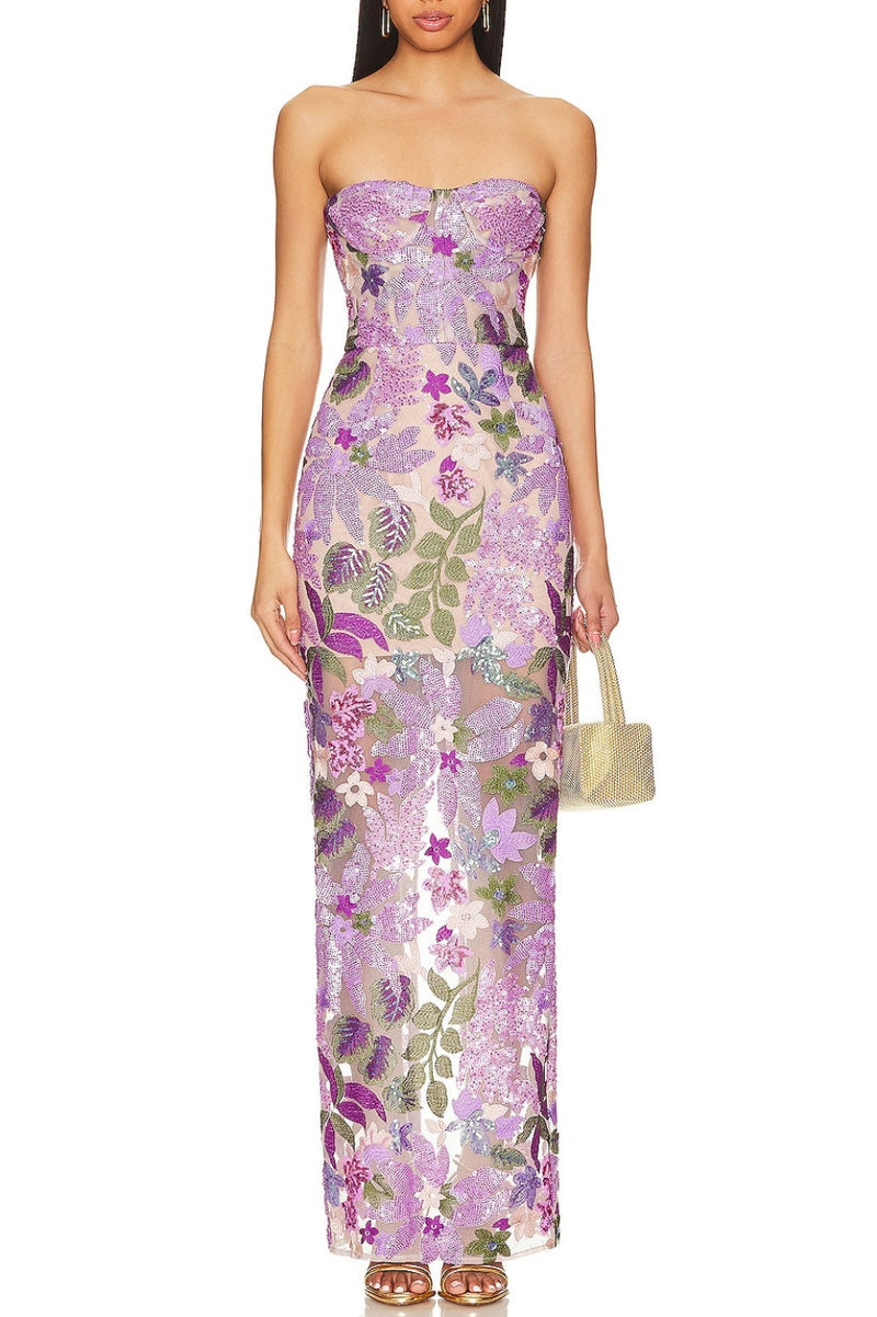 Strapless Maxi Dress Featuring Floral Embroidery – Sophia