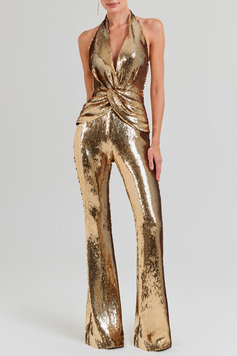 Glamorous Gold Sequin Jumpsuit with Flared Trousers – Emily