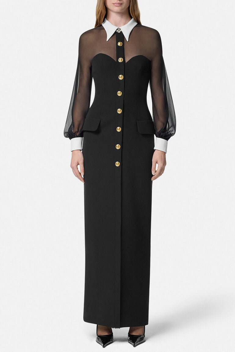 Buttoned Maxi Dress with Luxurious Mesh Accents – Grace