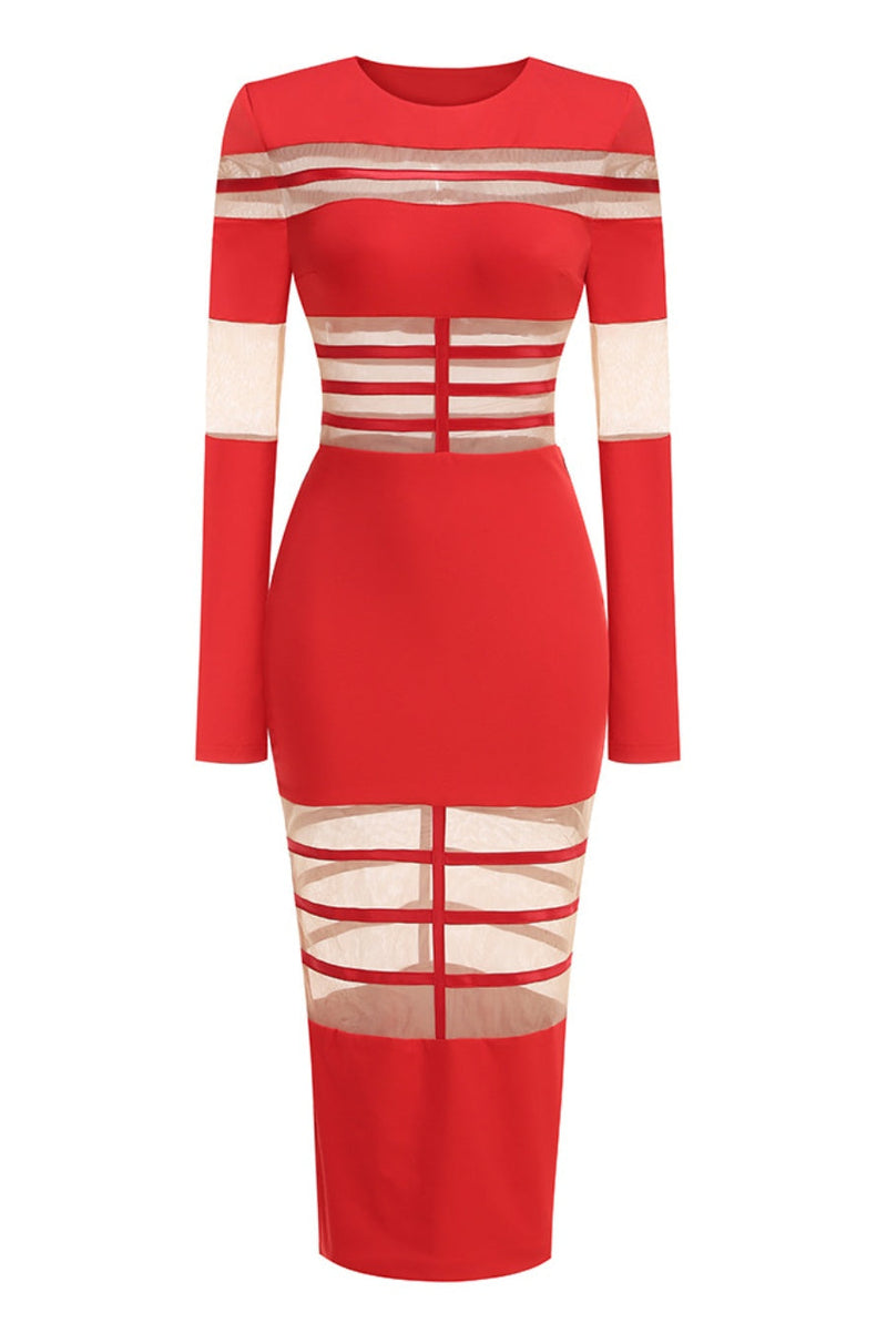 Long-Sleeve Cutout Mesh Midi Dress with Stylish Details – Olivia
