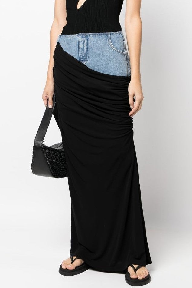 Chic Black Denim Maxi Skirt with Stylish Patchwork – Emily