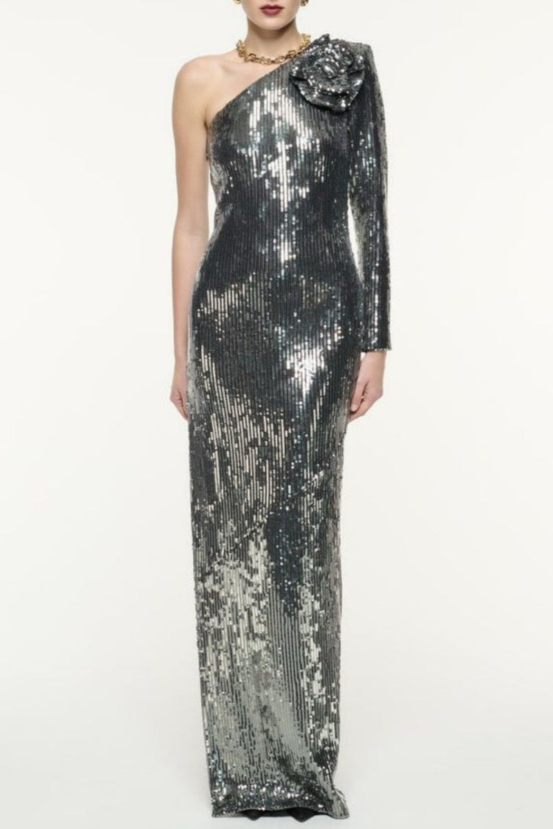 Stunning Floral Sequin Maxi Dress with One Shoulder Design – Sophia