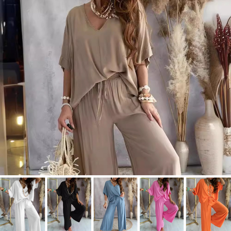 Relaxed-Fit V-Neck Pants Set for a Chic Casual Look – Olivia