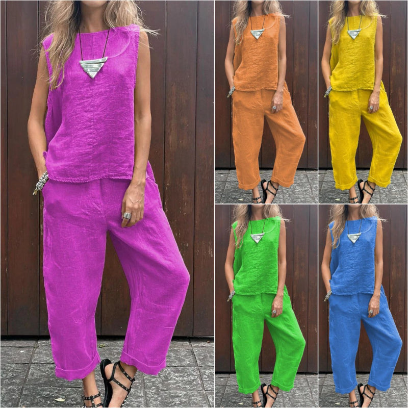Comfortable Loose-Fit Two-Piece Sleeveless & Pants Set – Sophia
