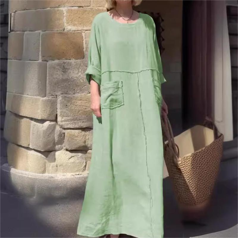 Relaxed Round-Neck Dress with Functional Pockets – Emma
