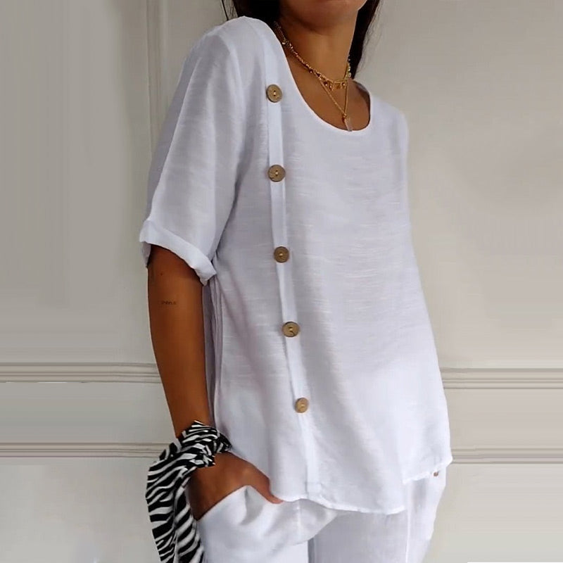 Women's Crew Neck Cotton Blouse with Button Details – Emily