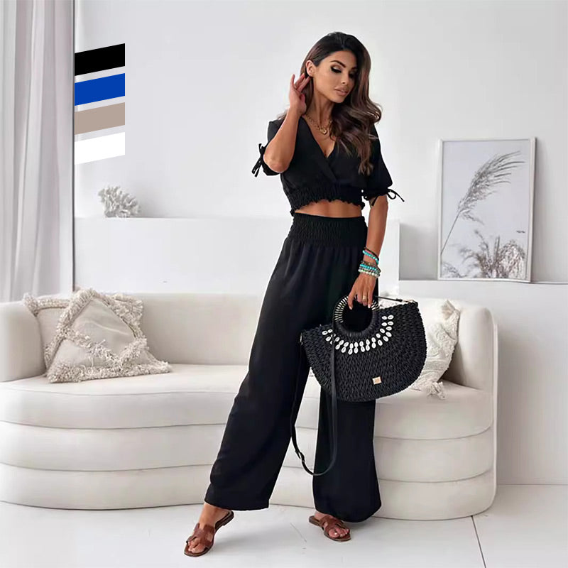 Women's V-Neck Top & Flowing Wide-Leg Pants Set – Emily
