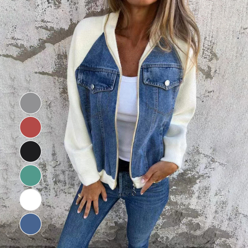 Vintage Denim Patchwork Zip-Up Jacket, Unisex Streetwear – Allison
