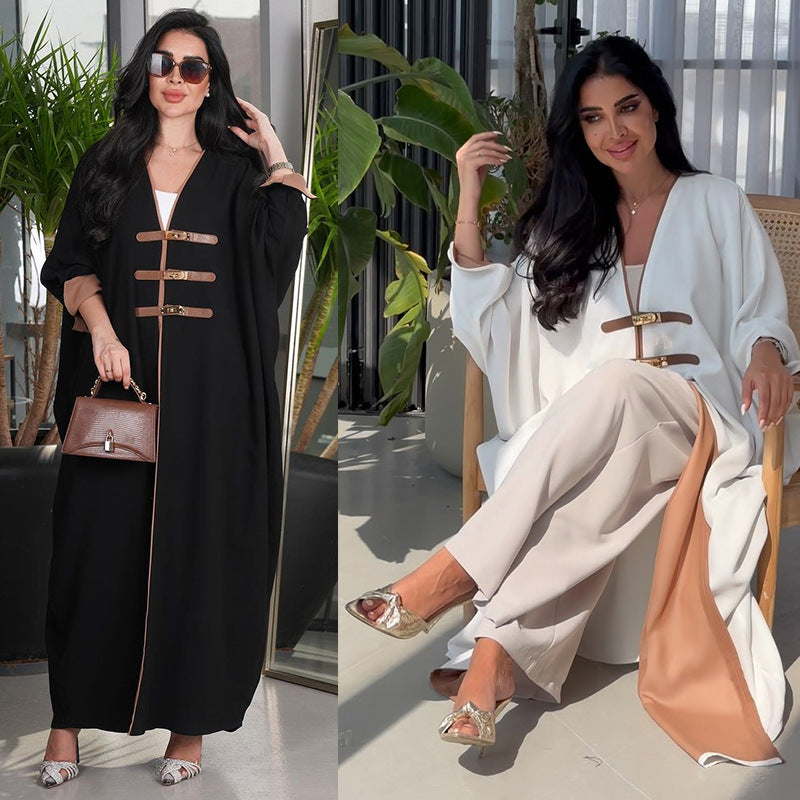 Modest Long-Sleeve Abaya Dress with Elegant V-Neck – Amina