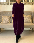 Luxurious Velvet Maxi Dress with Long Sleeves and Convenient Pockets – Sophia