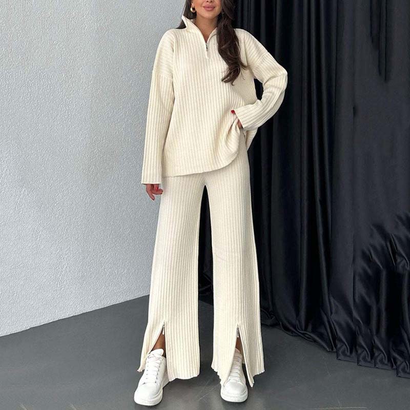 Relaxed Wide-Leg Knitwear Set with Zip-Up Sweater – Sophia