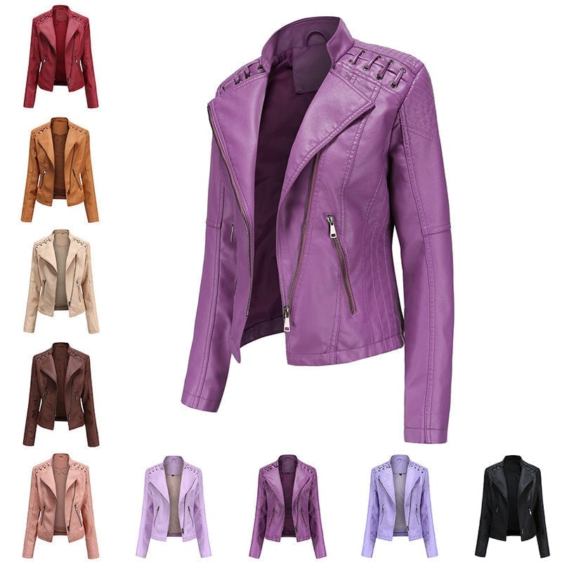 Washed Leather Jacket with Stand Collar, Sleek & Slim Fit – Olivia