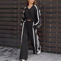 Relaxed V-Neck Sweatshirt and Flowy Wide-Leg Pants Set – Emily