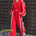 Relaxed V-Neck Sweatshirt and Flowy Wide-Leg Pants Set – Emily
