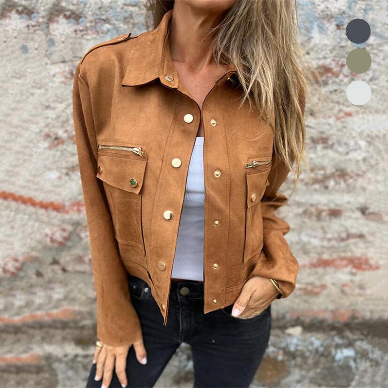 Faux Suede Utility Jacket with Button-Down Detail – Sophia