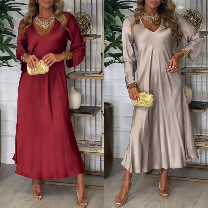 Sophisticated Deep V-Neck Maxi Dress with Flowy Silhouette – Sophia