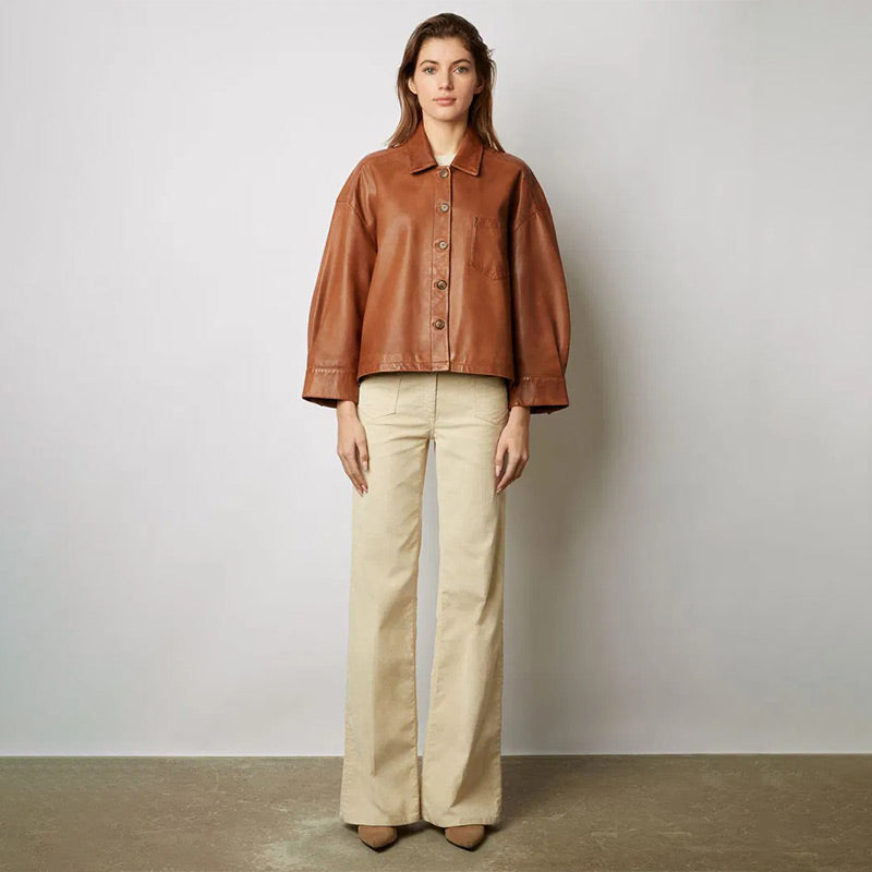 Classic Brown Leather Jacket, Buttoned & Timeless Design – Sophia