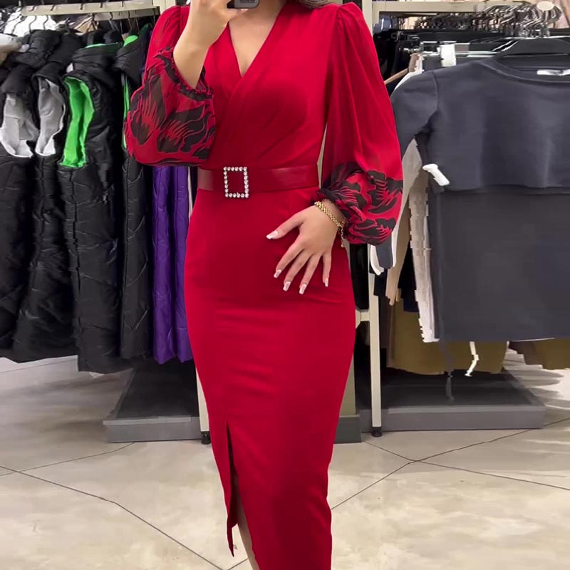 Sleek V-Neck Split Hem Dress for Elegant Wear – Sophia