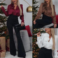 Elegant Satin Blouse with V-Neck and Rose Embellishment – Olivia
