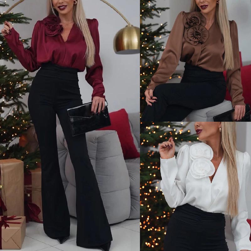 Elegant Satin Blouse with V-Neck and Rose Embellishment – Olivia