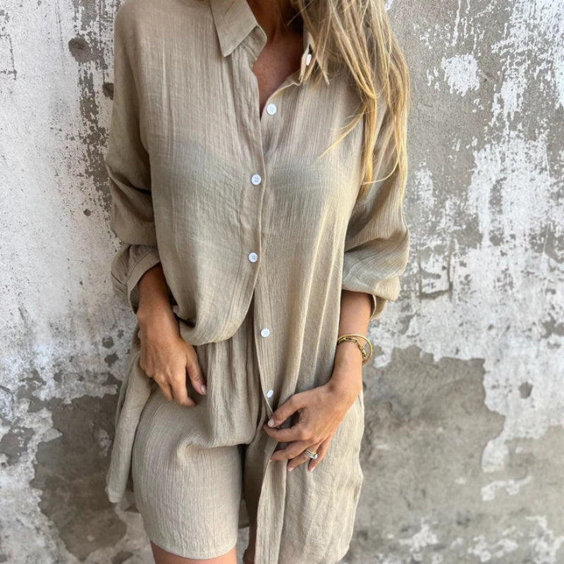 Relaxed Long Sleeve Shirt & Shorts Set for Everyday Wear – Emma