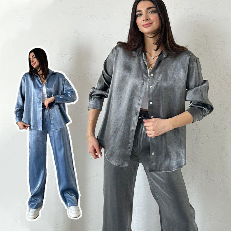 Elegant Wide-Leg Pants & Drapey Top Set, Polished Look – Olivia