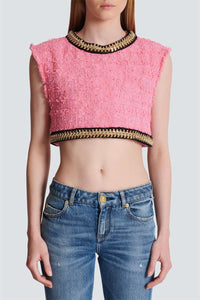 Luxury Pink Tweed Crop Top with Modern Flair – Isabella
