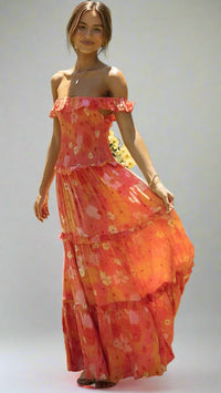 Romantic Off-Shoulder Maxi Dress with Ruffled Floral Print – Olivia