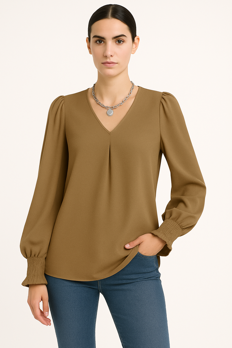Chic V-Neck Long Sleeve Blouse, Elegant Everyday Wear – Sophia