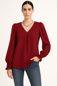 Chic V-Neck Long Sleeve Blouse, Elegant Everyday Wear – Sophia