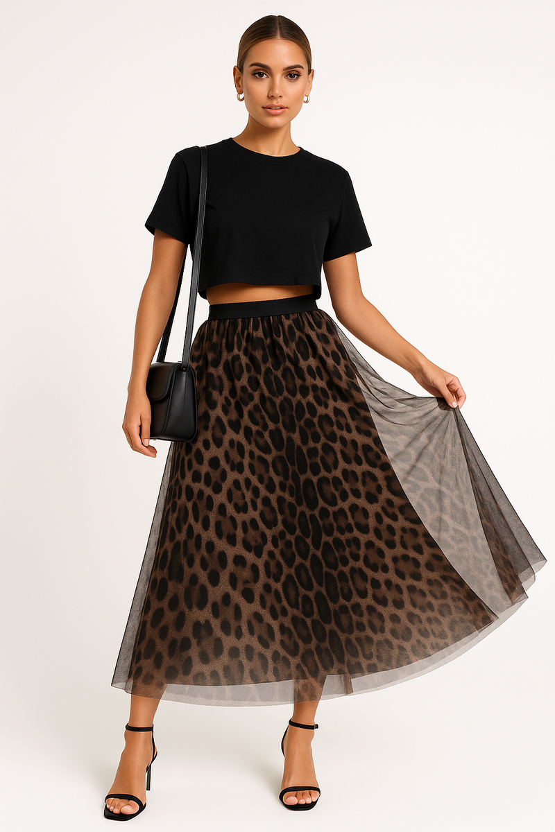 Chic Leopard Print Maxi Skirt with High-Waist Layered Look – Sophia