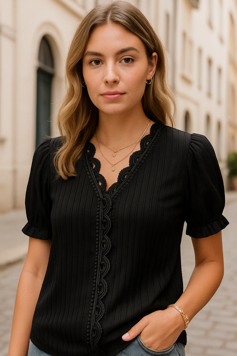 Delicate Lace V-Neck Blouse with Feminine Details – Sophia