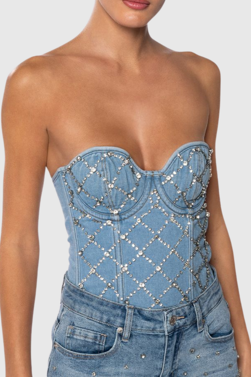 Strapless Denim Top with Glamorous Diamante Accents – Camryn