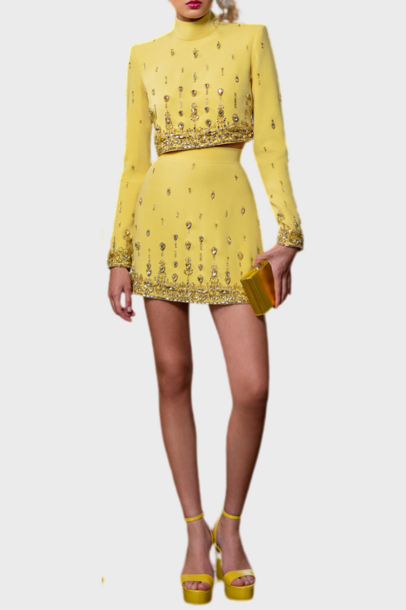 Women's Yellow Two-Piece Set with Stylish Embellishments – Sophia