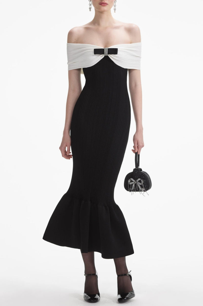 Classic Off Shoulder Midi Dress with Bow Accent – Sophia