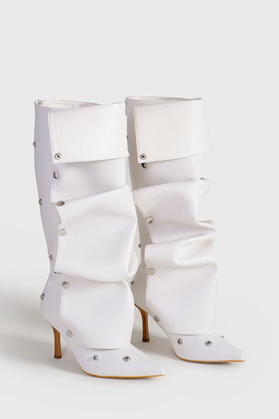 Ruched White Knee-High Boots for Women – Emma
