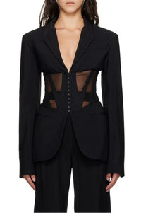 Modern Black Mesh Panel Blazer for Women – Sophia