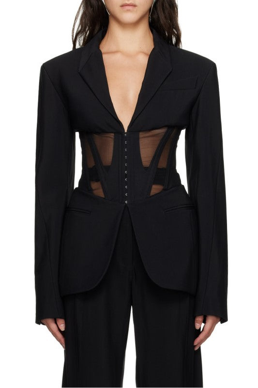 Modern Black Mesh Panel Blazer for Women – Sophia