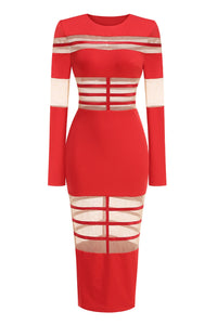 Long-Sleeve Cutout Mesh Midi Dress with Stylish Details – Olivia