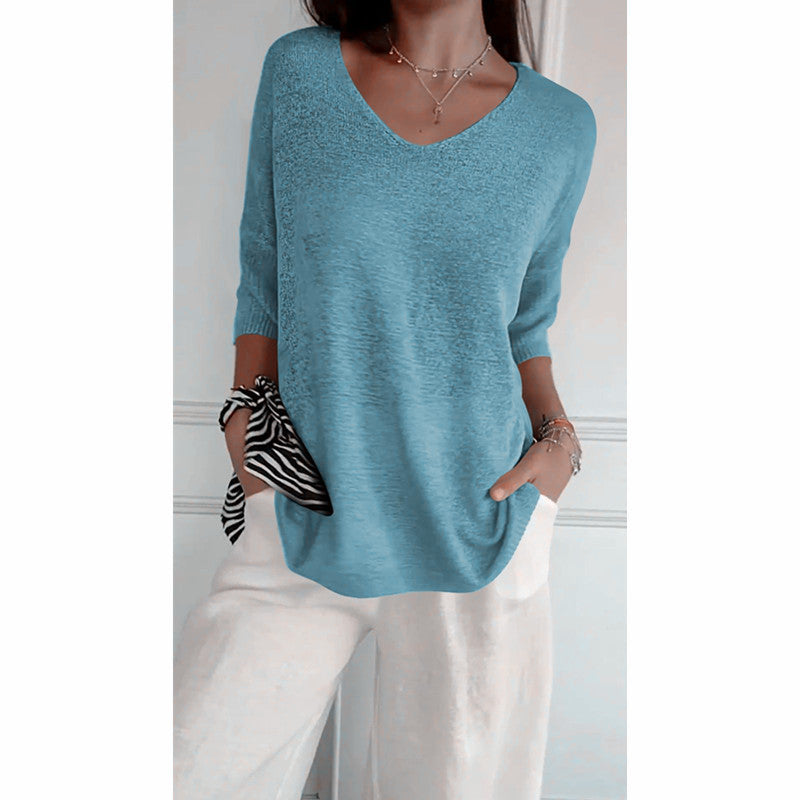 All-Season Knitted V-Neck Top in Solid Colors – Emma