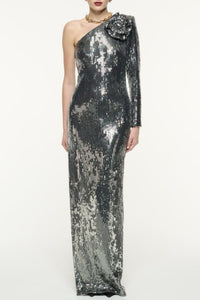 Stunning Floral Sequin Maxi Dress with One Shoulder Design – Sophia