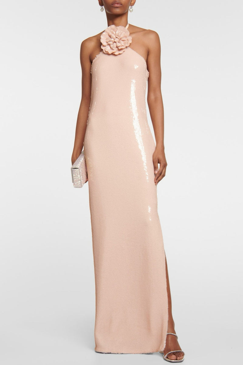 Exquisite Halter Evening Gown with Detailed Floral Sequins – Olivia