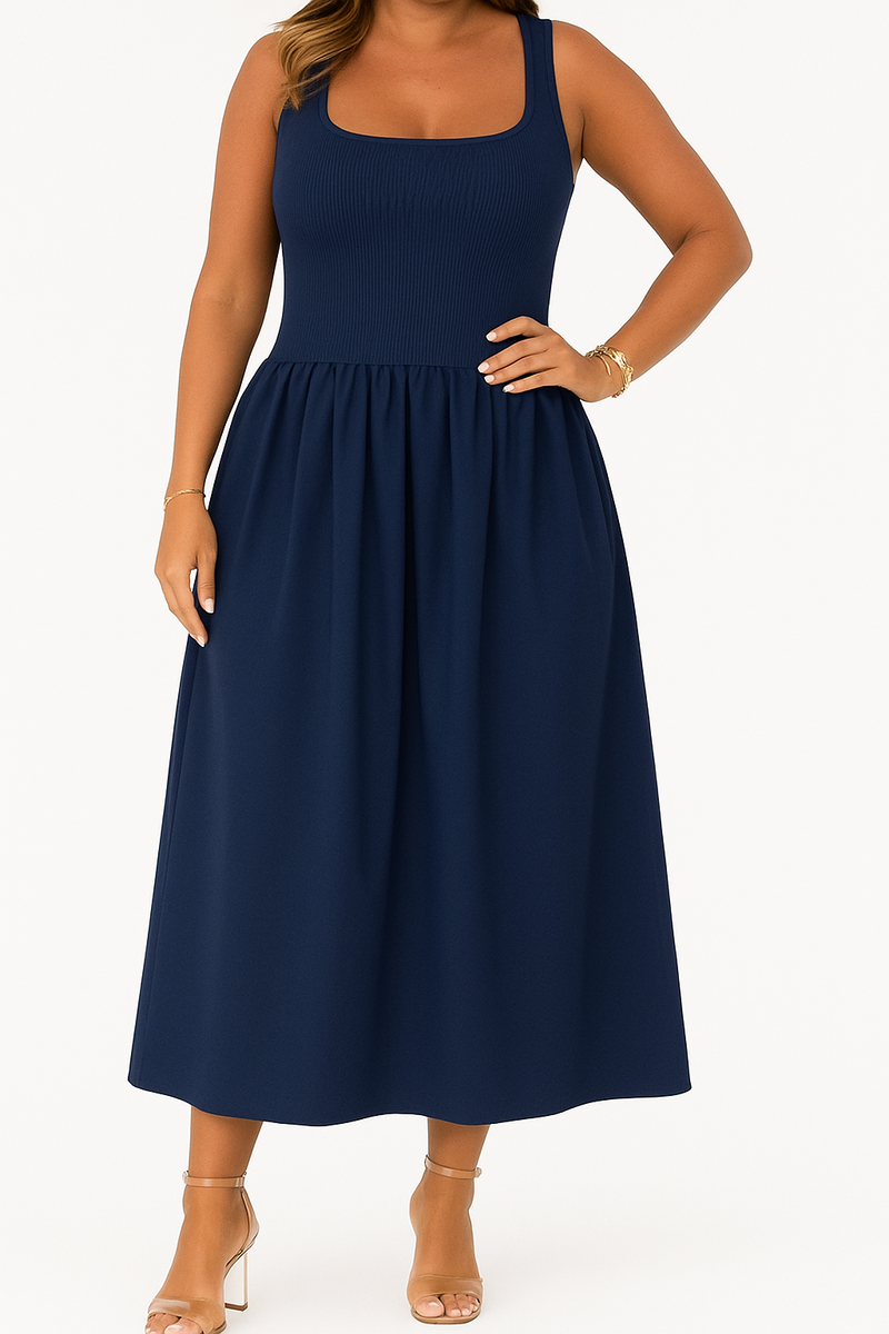 Elegant Flared Midi Dress with Convenient Pockets – Sophia