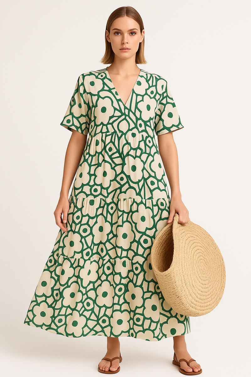 Flowy Maxi Summer Dress with V-Neck and Short Sleeves – Emily