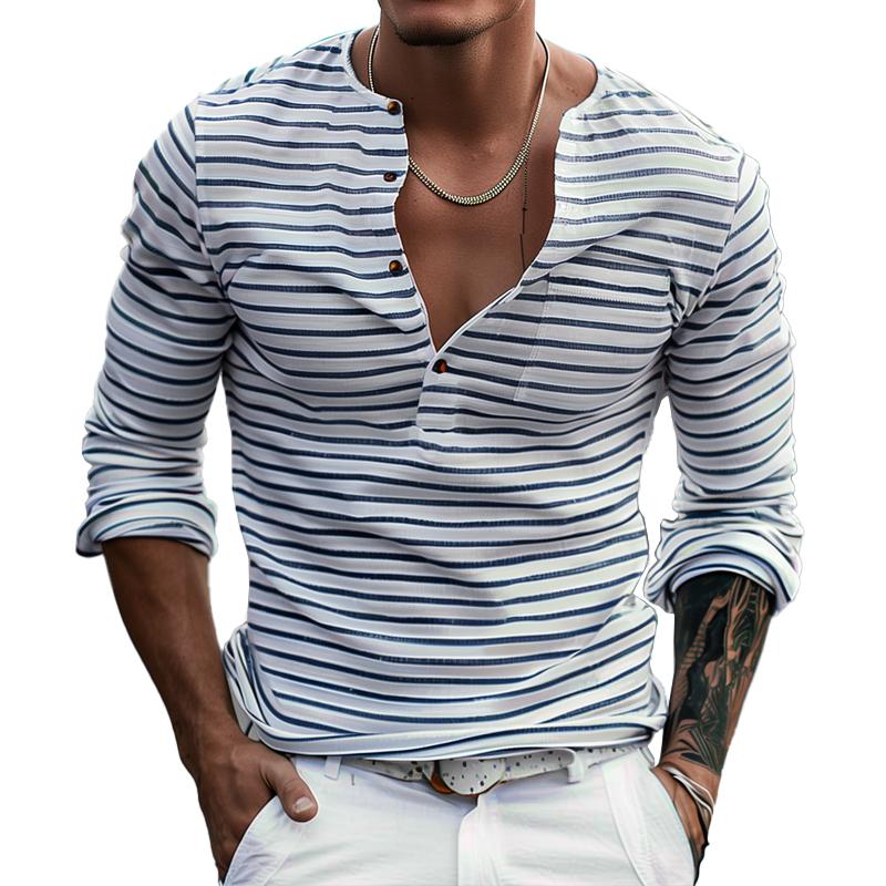 Classic Striped Henley Long Sleeve T-Shirt for Everyday Wear – Alex