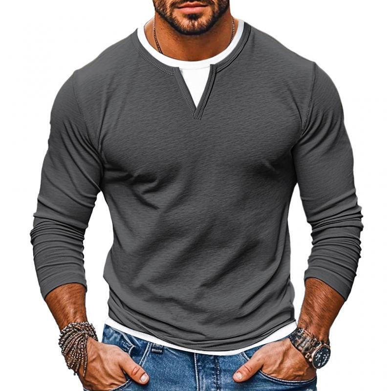 Layered V-Neck Slim-Fit Long Sleeve Tee for Men - Liam